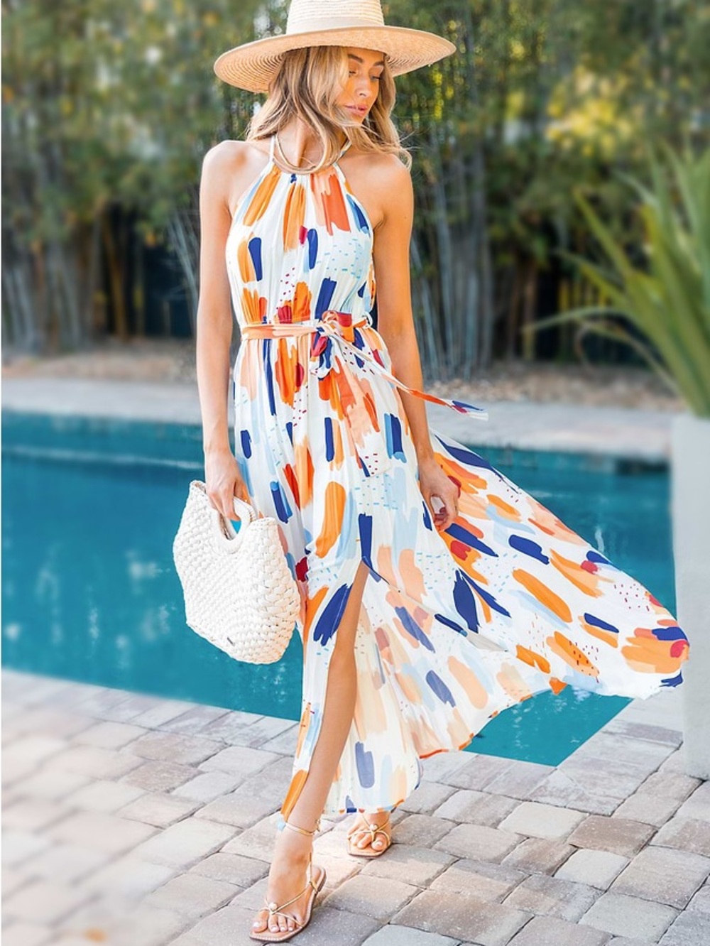 Cupshe Abstract Print Waist Tie Maxi Dress White with Orange & Blue S NWOT - Picture 5 of 8